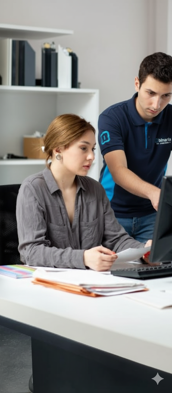 personal de binaria brindando soporte a chica en oficina